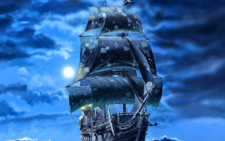 арт, корабль, пираты, чёрные, паруса, галеон, черная жемчужина, art, ship, pirates, black, sails, galleon, black pearl