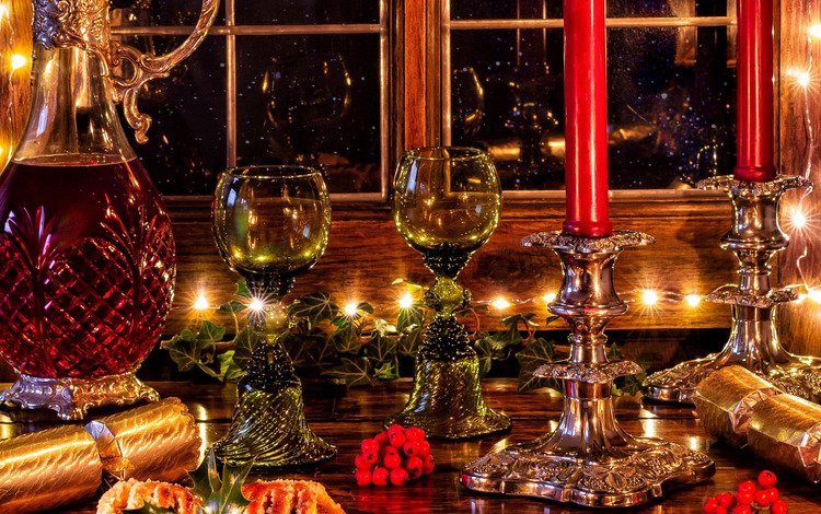 свечи, графин, ягоды, окно, вино, бокалы, рождество, выпечка, пирожное, candles, decanter, berries, window, wine, glasses, christmas, cakes, cake