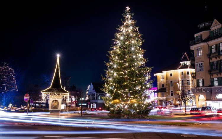 ночь, новый год, елка, зима, австрия, улица, гирлянды, night, new year, tree, winter, austria, street, garland