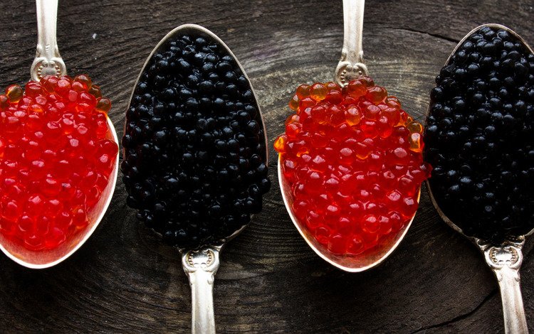 красная, черная, крупный план, икра, боке, четыре, ложки, red, black, close-up, caviar, bokeh, four, spoon
