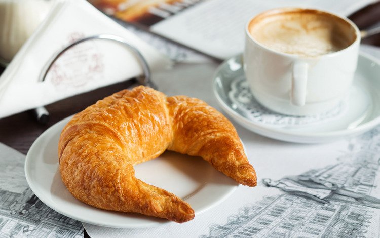 кофе, чашка, завтрак, круассан, coffee, cup, breakfast, croissant