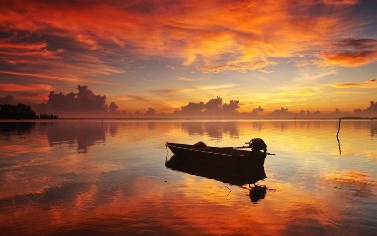 река, закат, лодка, river, sunset, boat