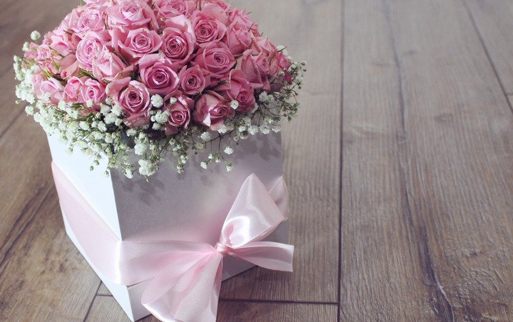 цветы, розы, букет, розовые, лента, подарок, коробка, цветком, flowers, roses, bouquet, pink, tape, gift, box, flower