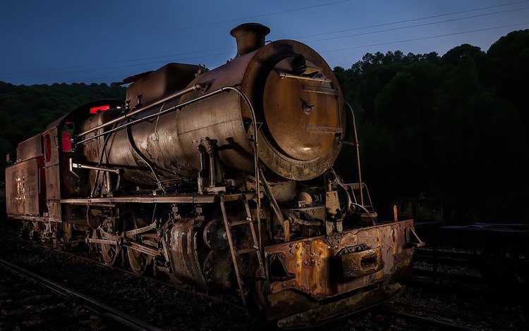 ночь, железная дорога, старый, паровоз, night, railroad, old, the engine
