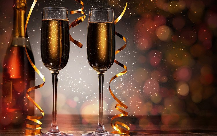 новый год, пузырьки воздуха, искорки, блеск стекла, бутылка, золотой серпантин, бокалы, праздник, шампанское, боке, блики света, new year, air bubbles, sparks, sparkle glass, bottle, golden serpentine, glasses, holiday, champagne, bokeh, reflections of light