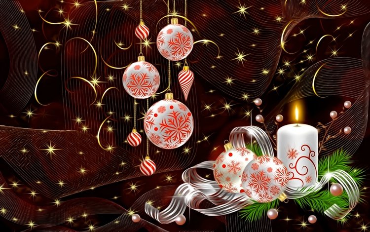 свет, рождество, новый год, елочные украшения, рендеринг, завитушки, темный фон, жемчужные бусины, картинка, золотистые искры, лента, свеча, праздник, light, christmas, new year, christmas decorations, rendering, curls, the dark background, pearl beads, picture, golden sparks, tape, candle, holiday