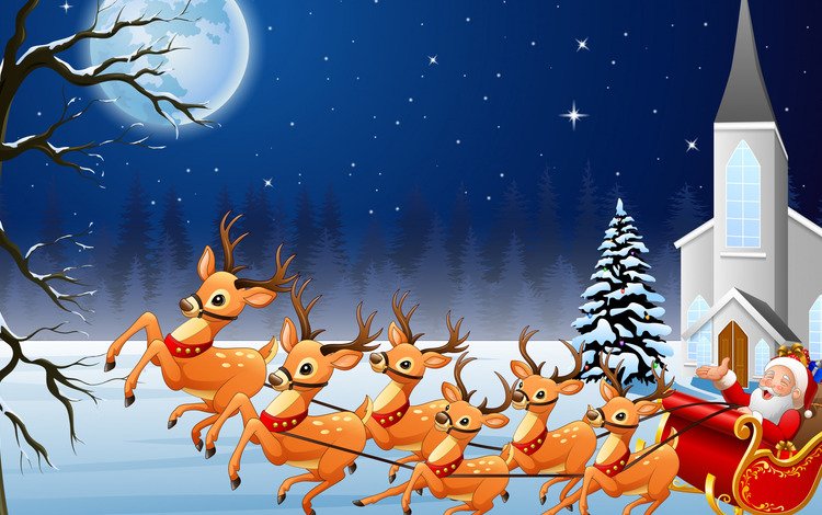 новый год, санта-клаус, луна, сани, дед мороз, олени, рождество, упряжка, открытка, new year, the moon, sleigh, santa claus, deer, christmas, team, postcard