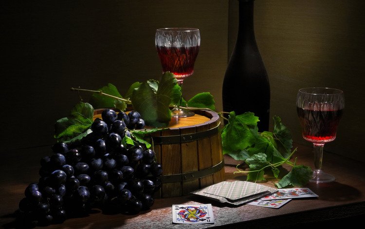 стиль, натюрморт, виноград, карты, дом, вино, бутылка, бокалы, гроздь, style, still life, grapes, card, house, wine, bottle, glasses, bunch