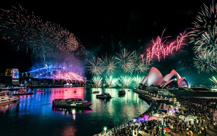 ночь, толпа, огни, сидней, отражения, австралия, салют, праздник, люди, фейерверк, мост, порт, город, шоу, набережная, night, the crowd, lights, sydney, reflection, australia, salute, holiday, people, fireworks, bridge, port, the city, show, promenade