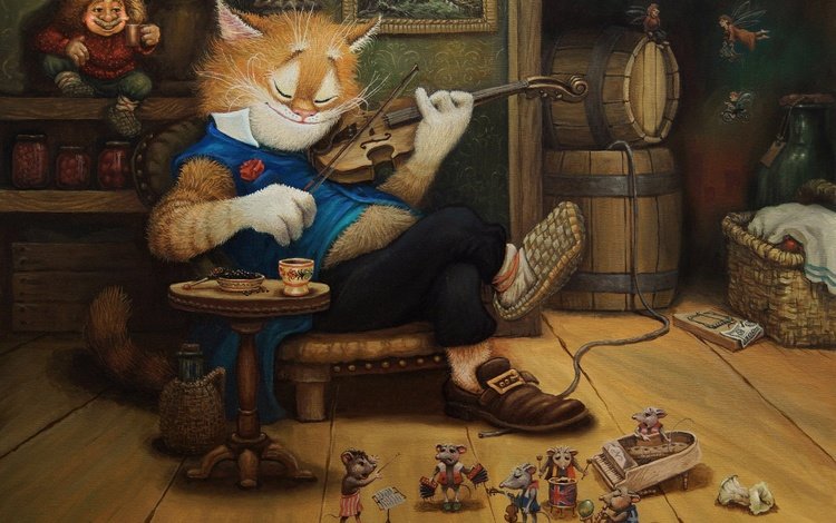 арт, рисунок, кот, скрипка, сказка, детская, сказочки кота кузьмы, вечерок, art, figure, cat, violin, tale, children's, tales of the cat kuzma, evening