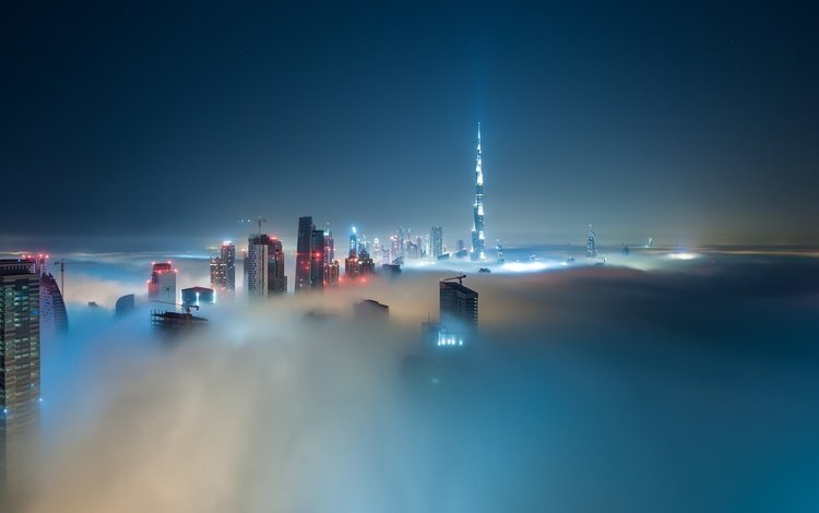 облака, оаэ, огни, ноч, города, бурдж-халифа, архитектура, объединённые арабские эмираты, здания, cityscape, высотка, дубаи, изморось, clouds, uae, lights, night, city, burj khalifa, architecture, united arab emirates, building, skyscraper, dubai, mist