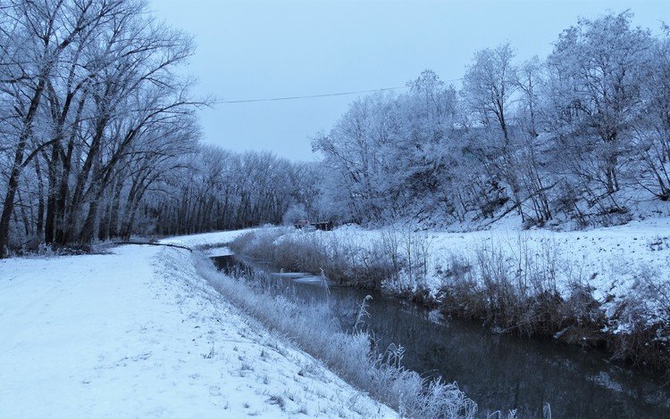 снег, зима, иней, речка, snow, winter, frost, river