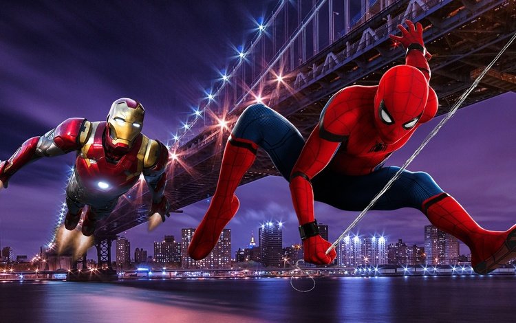 мост, железный человек, ноч, нью - йорк, peter parker, tony stark, spider man, bridge, iron man, night, new york