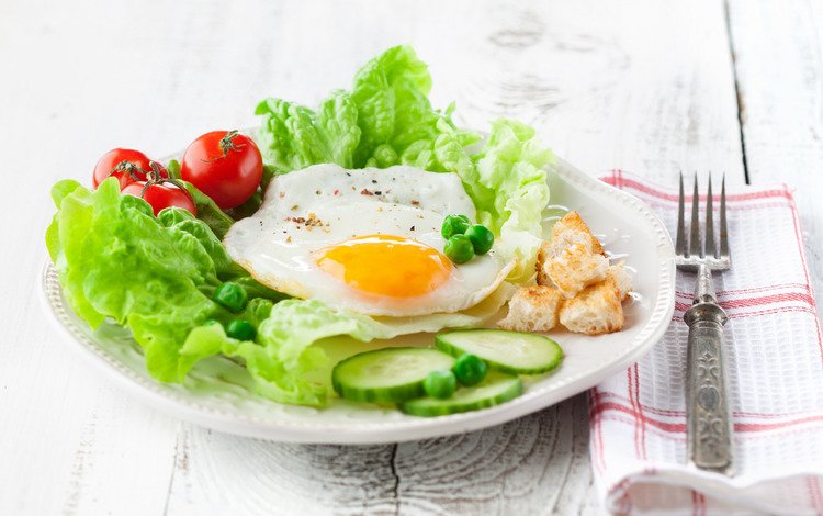 завтрак, помидор, салат, яичница, огурец, breakfast, tomato, salad, scrambled eggs, cucumber