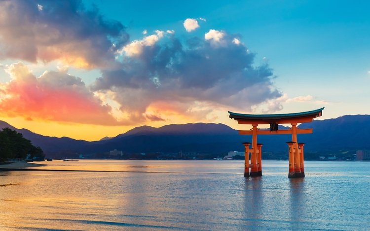 небо, облака, закат, море, япония, torii gate, the sky, clouds, sunset, sea, japan
