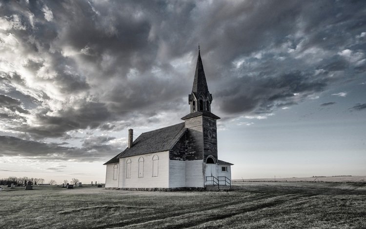 небо, облака, чёрно-белое, церковь, часовня, the sky, clouds, black and white, church, chapel