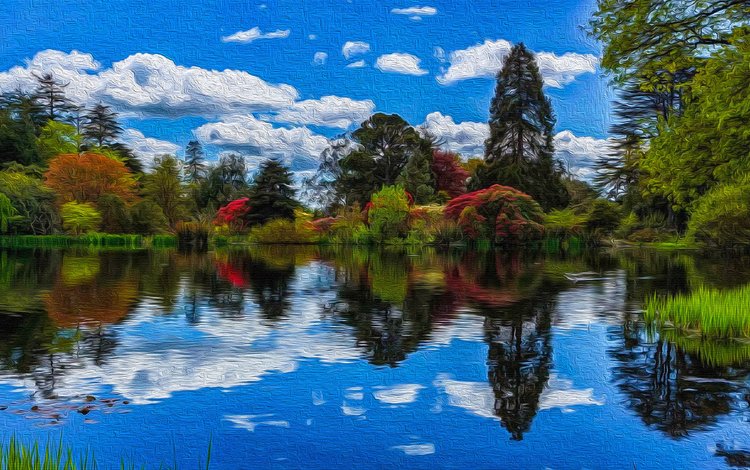 небо, облака, деревья, озеро, отражение, the sky, clouds, trees, lake, reflection