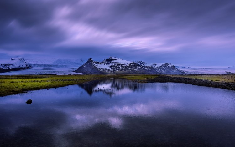 озеро, горы, снег, отражение, сумерки, исландия, lake, mountains, snow, reflection, twilight, iceland