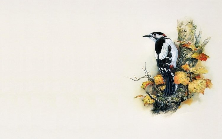 арт, дерево, минимализм, птица, живопись, дятел, zeng xiao lian, art, tree, minimalism, bird, painting, woodpecker