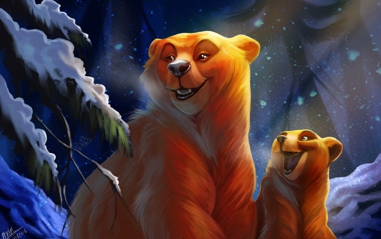 арт, ночь, лес, зима, медведь, медведи, медвеженок, by tehchan, art, night, forest, winter, bear, bears