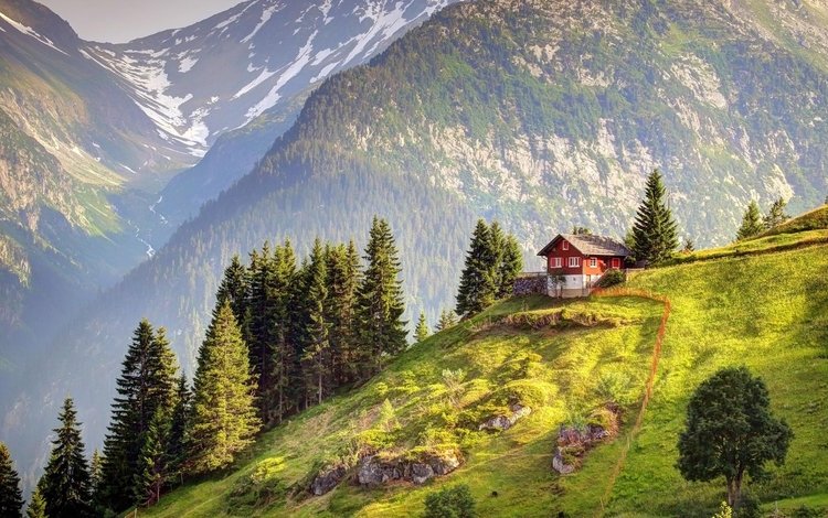 горы, лес, швейцария, домик, альпы, mountains, forest, switzerland, house, alps