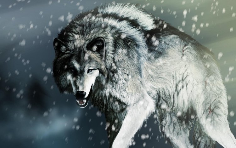 морда, снег, лапы, взгляд, рендеринг, хищник, оскал, волк, face, snow, paws, look, rendering, predator, grin, wolf