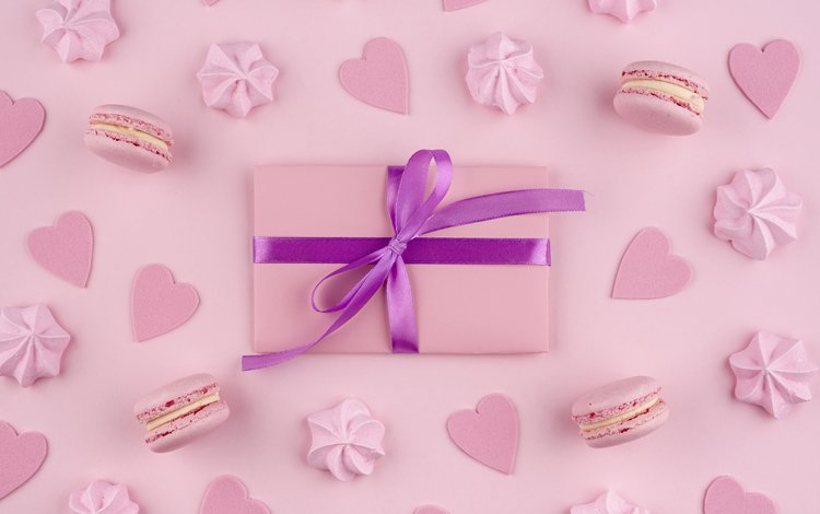 фон, розовый, подарок, печенье, безе, macarons, меренги, background, pink, gift, cookies, meringue