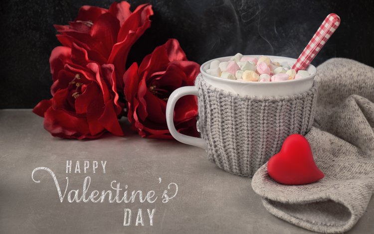 цветы, чашка, зефир, день святого валентина, горячий шоколад, anya ivanova, flowers, cup, marshmallows, valentine's day, hot chocolate