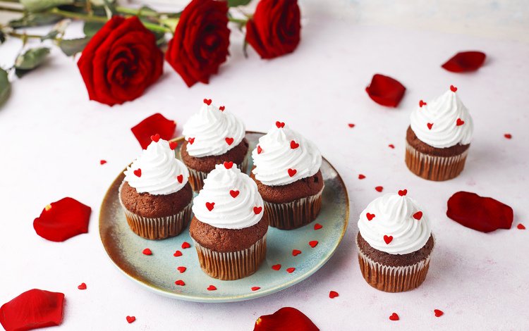 розы, букет, день святого валентина, кексы, roses, bouquet, valentine's day, cupcakes