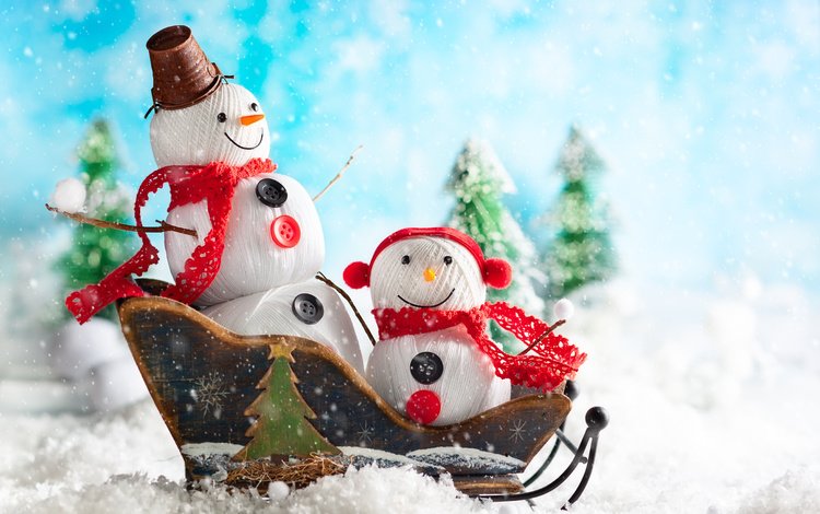 снег, новый год, елки, праздник, рождество, снеговики, санки, snow, new year, tree, holiday, christmas, snowmen, sled