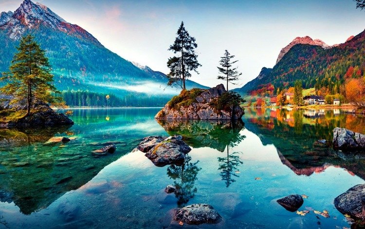 деревья, озеро, горы, природа, берег, лес, отражение, осень, trees, lake, mountains, nature, shore, forest, reflection, autumn