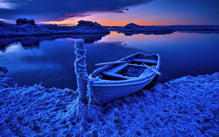 ночь, река, мороз, иней, лодка, night, river, frost, boat