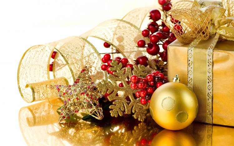 новый год, подарок, праздник, рождество, снежинка, бант, новогодние украшения, ветка ягод, new year, gift, holiday, christmas, snowflake, bow, christmas decorations