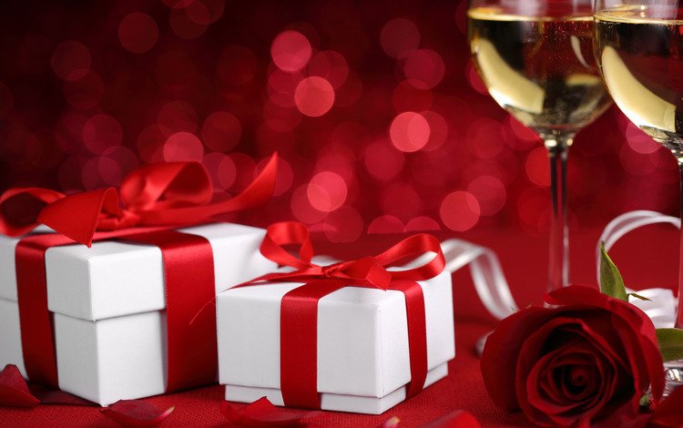 цветок, роза, подарки, бокалы, шампанское, день святого валентина, влюбленная, flower, rose, gifts, glasses, champagne, valentine's day, love