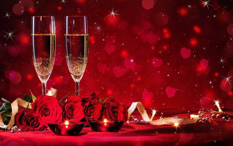 цветы, сердечки, свечи, шампанское, фон, день святого валентина, розы, боке, огонь, красные, ленточки, бокалы, flowers, hearts, candles, champagne, background, valentine's day, roses, bokeh, fire, red, ribbons, glasses