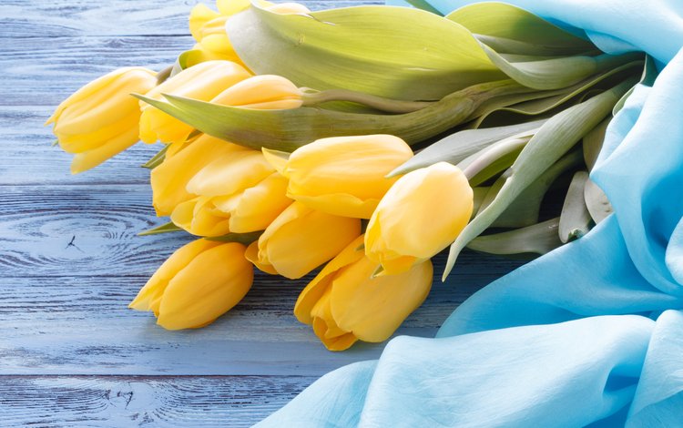 стол, ткань, букет, тюльпаны, желтые, голубая, деревянная поверхность, table, fabric, bouquet, tulips, yellow, blue, wooden surface