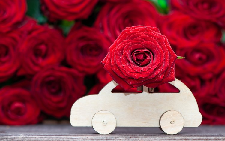машина, розы, красные, букет, деревянная, машинка, деревянная., machine, roses, red, bouquet, wooden