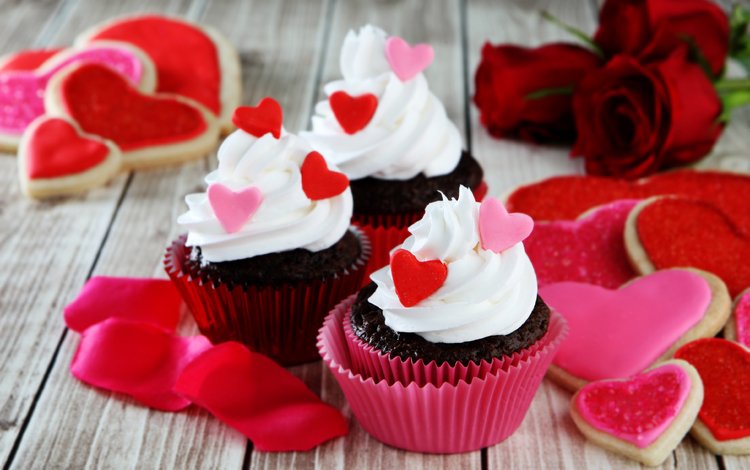 розы, день святого валентина, любовь, кексы, сердца, валентинов день, крем, сладкое, печенье, выпечка, десерт, глазурь, roses, valentine's day, love, cupcakes, heart, cream, sweet, cookies, cakes, dessert, glaze