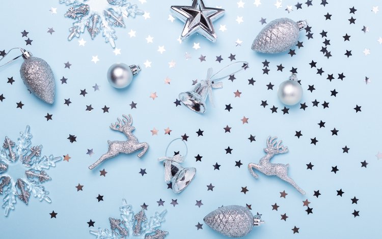 новый год, новогодние украшения, олень, конфетти, фон, голубой, блеск, игрушки, серебро, снежинка, new year, christmas decorations, deer, confetti, background, blue, shine, toys, silver, snowflake