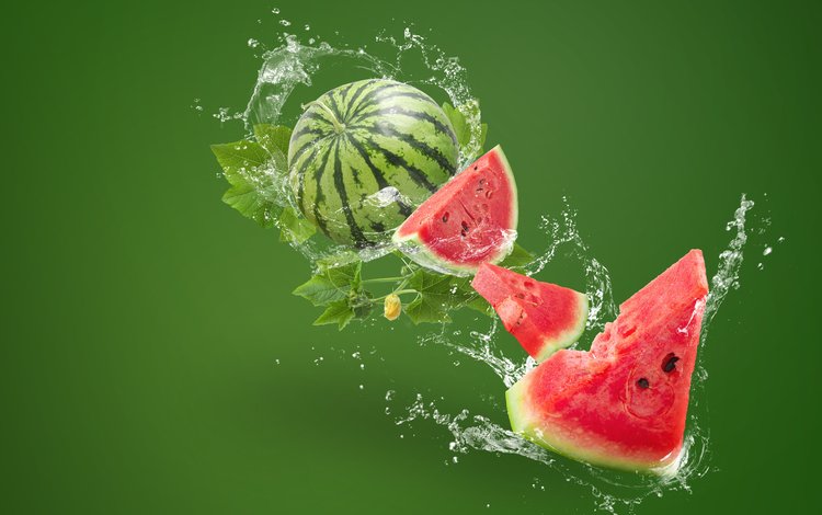 вода, брызги, арбуз, ломтики, всплеск, зеленый фон, water, squirt, watermelon, slices, splash, green background