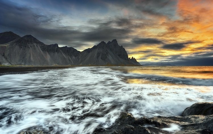 берег, закат, море, скала, исландия, vestrahorn mountain, shore, sunset, sea, rock, iceland