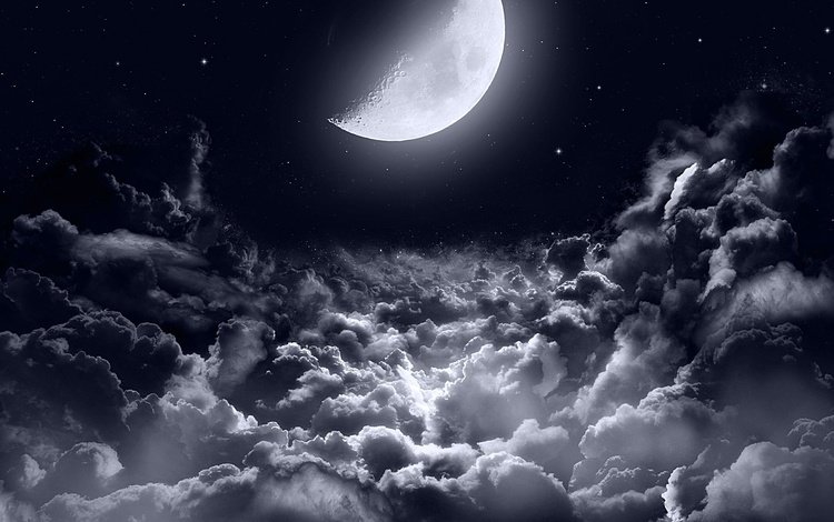 облака, звезды, луна, темнота, лунный свет, полумесяц, ночное небо, clouds, stars, the moon, darkness, moonlight, crescent, the night sky