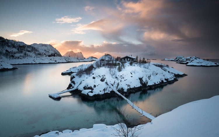 зима, мост, остров, норвегии, troms fylke, winter, bridge, island, norway