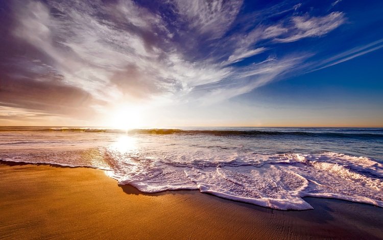горизонт, небо, пена, облака, калифорния, природа, волны, закат, море, песок, пляж, horizon, the sky, foam, clouds, ca, nature, wave, sunset, sea, sand, beach