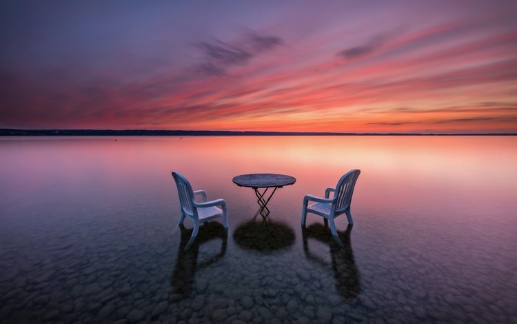 берег, закат, стол, стул, shore, sunset, table, chair