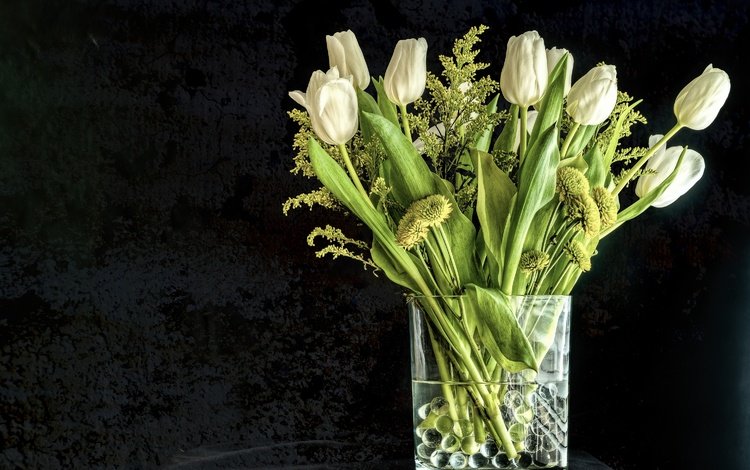 цветы, фон, черный фон, букет, тюльпаны, белые, ваза, flowers, background, black background, bouquet, tulips, white, vase