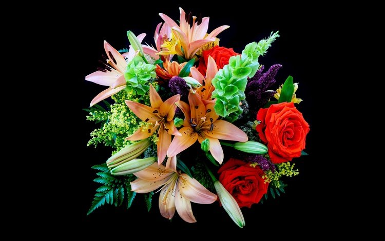цветы, бутоны, листья, розы, черный фон, букет, лилии, композиция, flowers, buds, leaves, roses, black background, bouquet, lily, composition