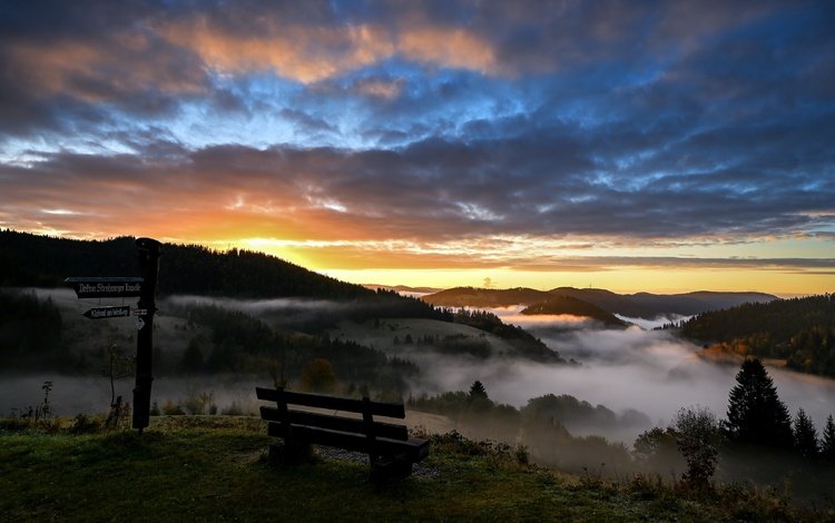 горы, утро, скамья, mountains, morning, bench