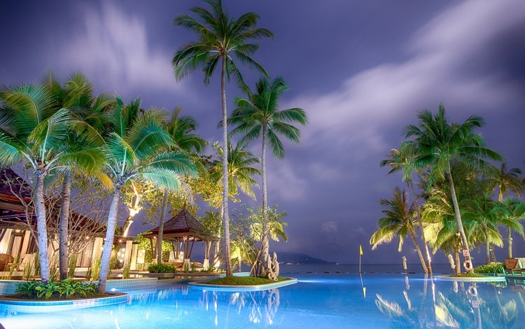 ночь, курорт, природа, отель, пейзаж, море, азия, пальмы, бассейн, подсветка, night, resort, nature, the hotel, landscape, sea, asia, palm trees, pool, backlight