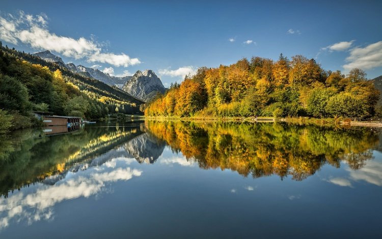 озеро, горы, лес, отражение, осень, германия, бавария, lake, mountains, forest, reflection, autumn, germany, bayern